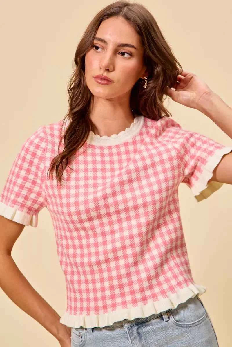 SO ME Gingham Knit Ruffled Short Sleeves Sweater Top