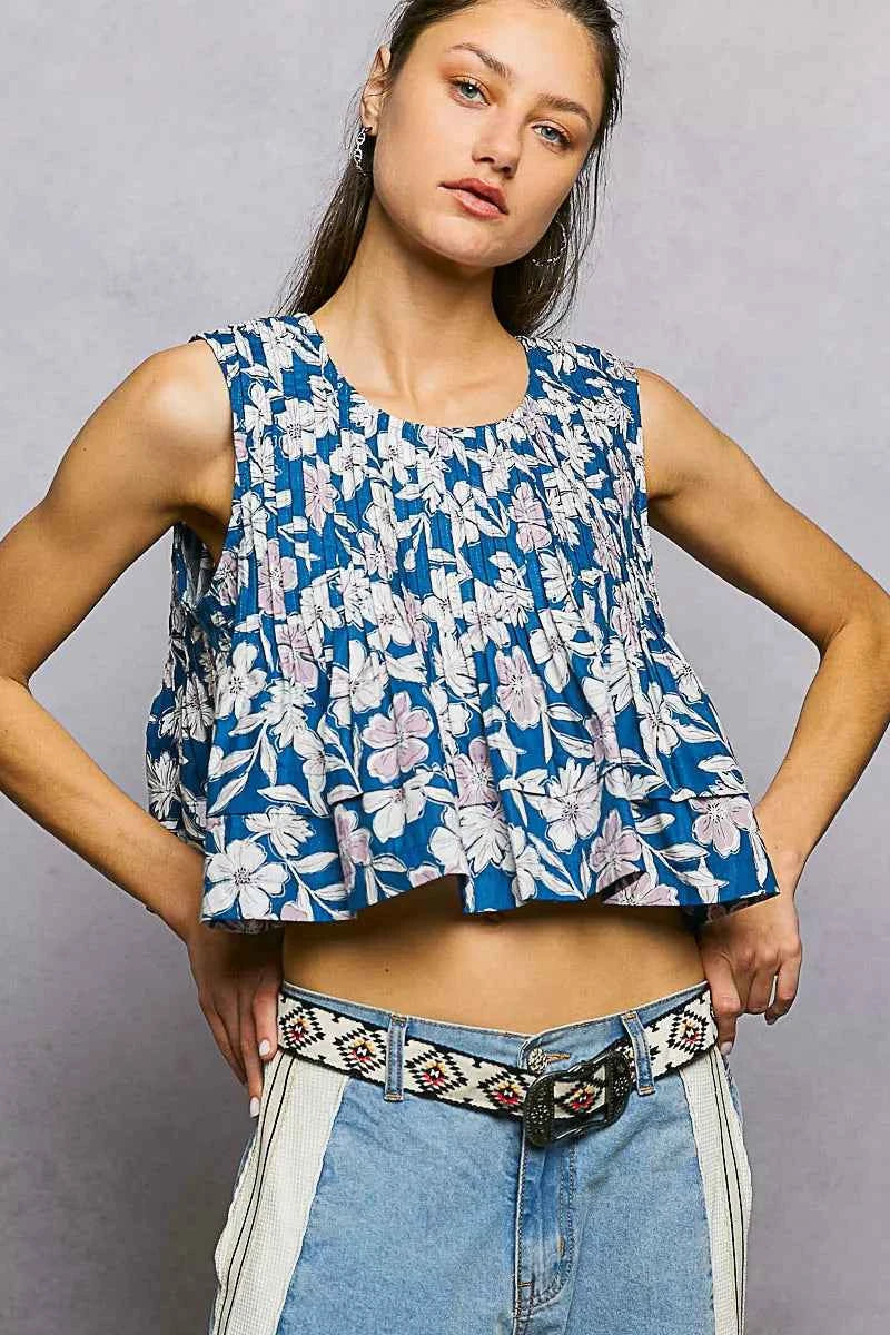 Navy Floral Round Neck Cropped A-Line Pintuck Tank by POL