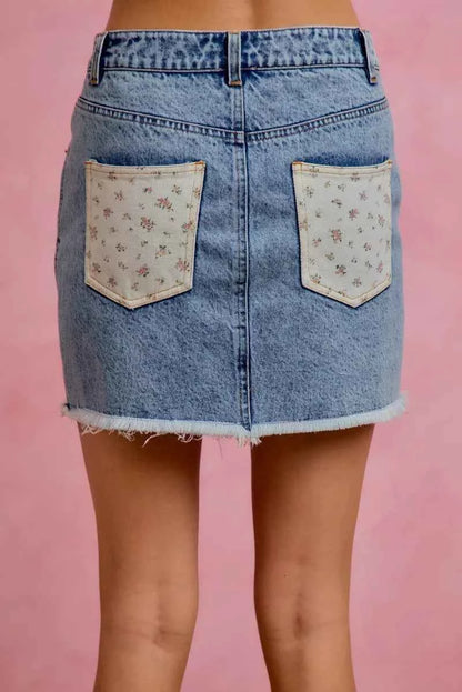 Washed Denim Floral Contrast Pockets Mini Skirt by So Me