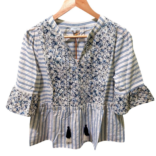Voy Womens Blue Floral & Stripe Embroidered V-Neck Blouse~Boho~SMALL