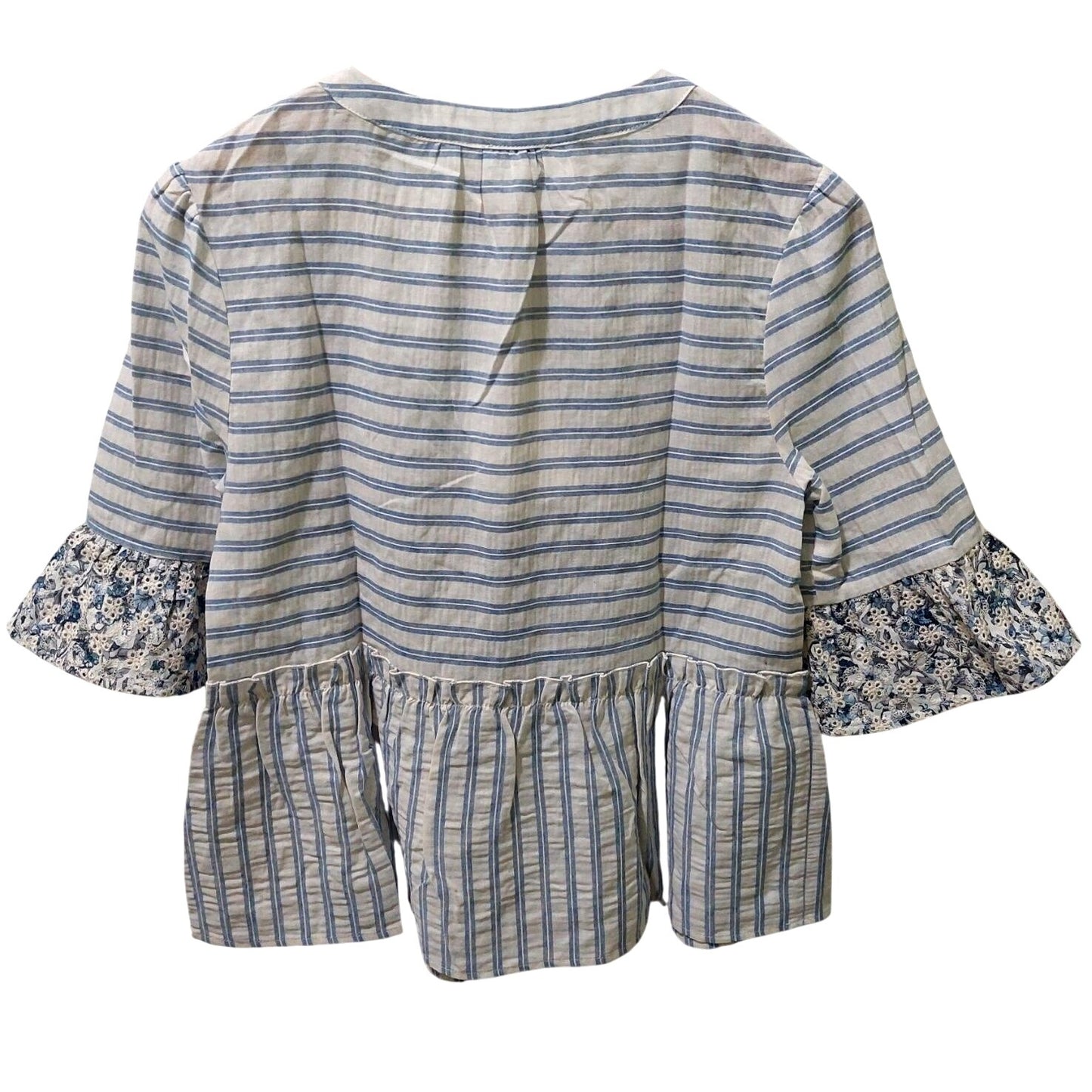 Voy Womens Blue Floral & Stripe Embroidered V-Neck Blouse~Boho~SMALL