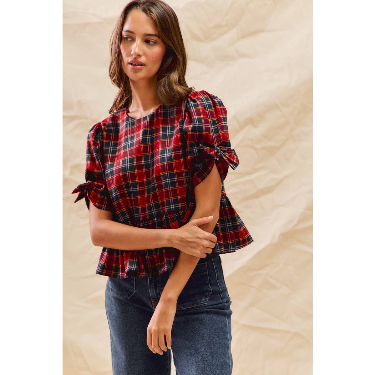 Red/Navy Christmas Holiday Plaid Ribbon Short Sleeve Peplum Top by So Me