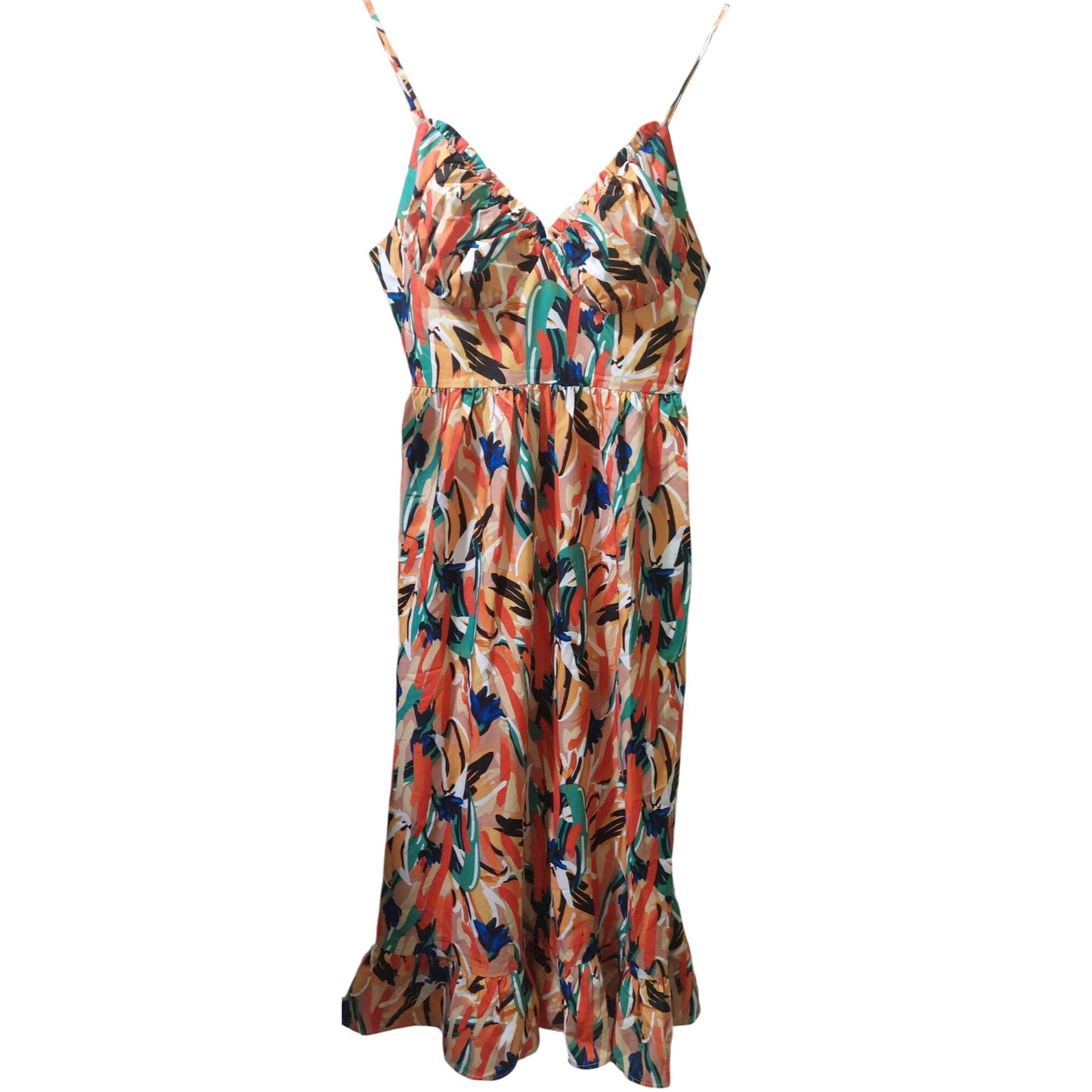 NWT Commense Multi Color Midi Dress W/ Adj. Spaghetti Straps~Ruffled Hem~Medium