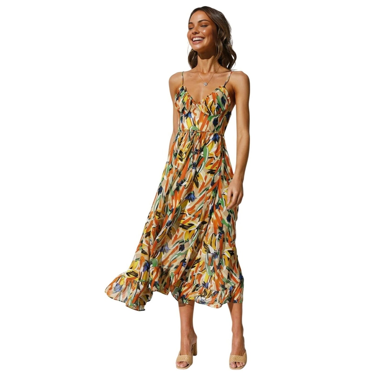 NWT Commense Multi Color Midi Dress W/ Adj. Spaghetti Straps~Ruffled Hem~Medium