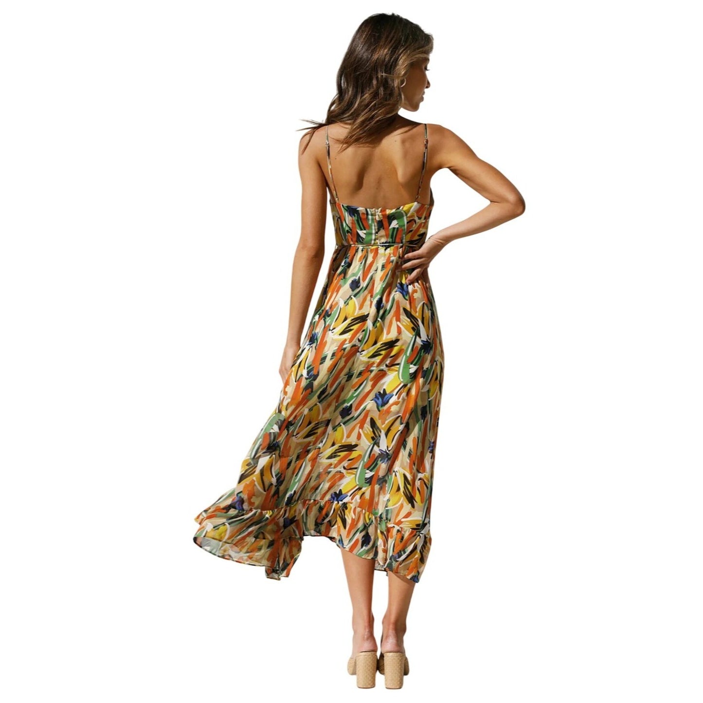 NWT Commense Multi Color Midi Dress W/ Adj. Spaghetti Straps~Ruffled Hem~Medium