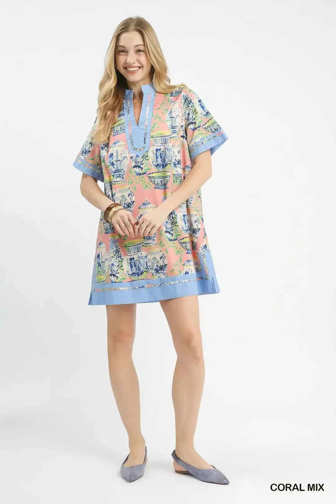 Coral Mix Abstract Print Mini Dress with Pockets by Umgee