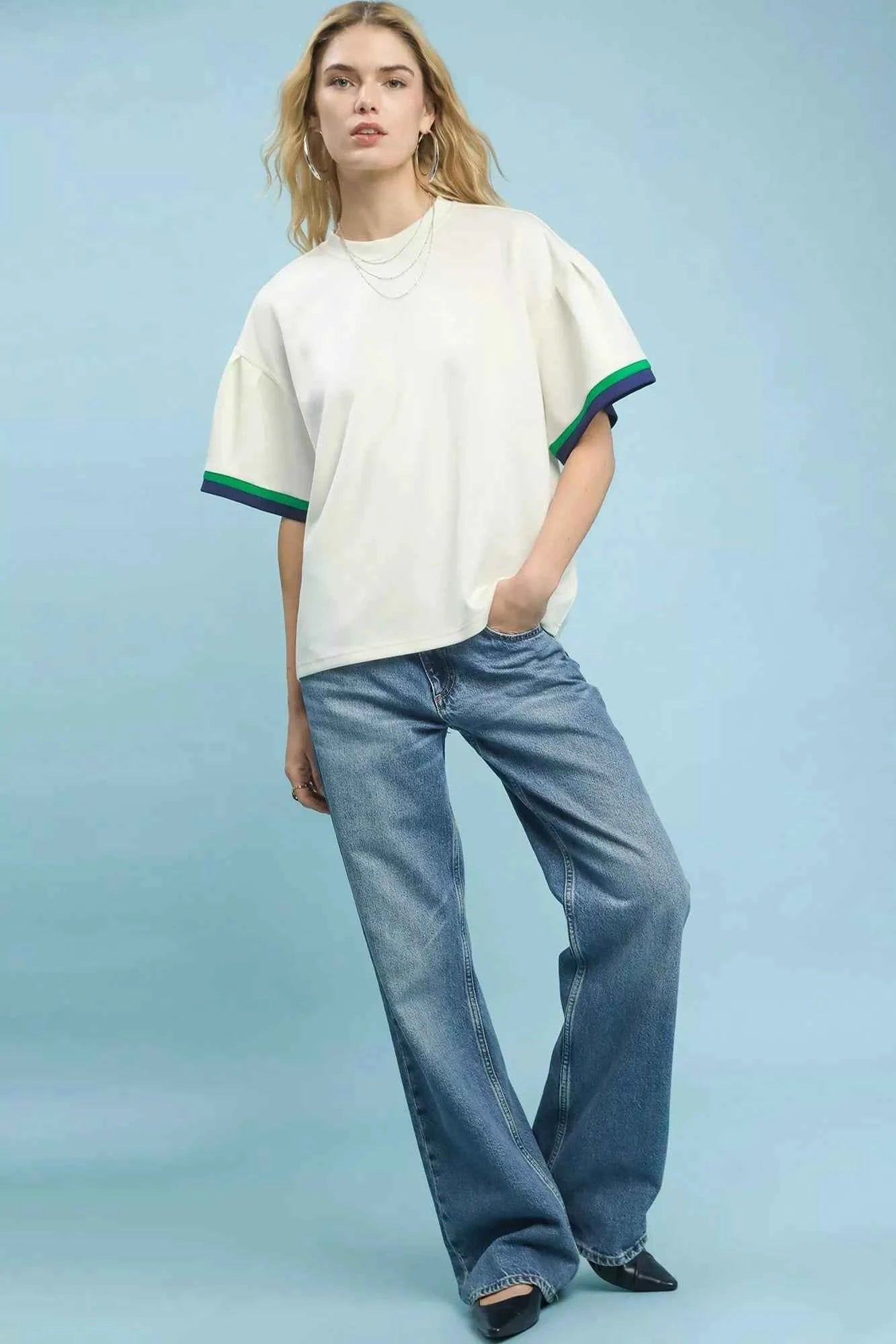 Ecru Contrast Trim Bell Sleeve Top by Umgee