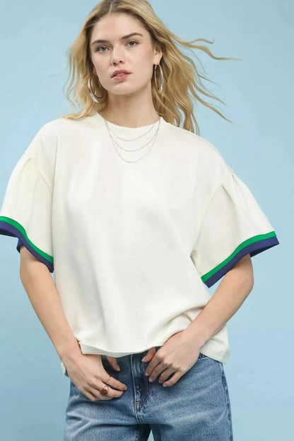 Ecru Contrast Trim Bell Sleeve Top by Umgee