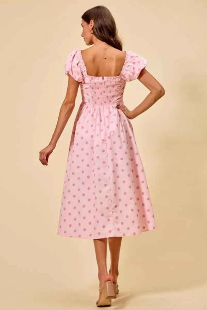 Pink Polka Dot Cotton Midi Dress Short Sleeve w/ Pockets by So Me
