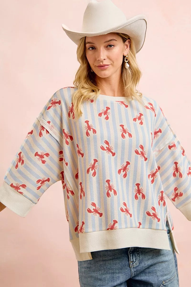 Light Blue 4th Of July Lobsters Stripe Waffle Knit 3/4 Sleeve Top by BiBi