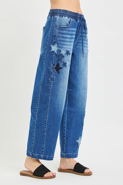 Elastic Band Slouchy Cropped Barrel with Star Patch by Risen Side View