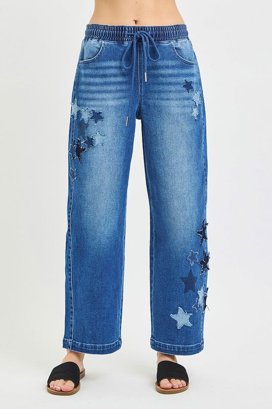 Elastic Band Slouchy Cropped Barrel with Star Patch by Risen Front View