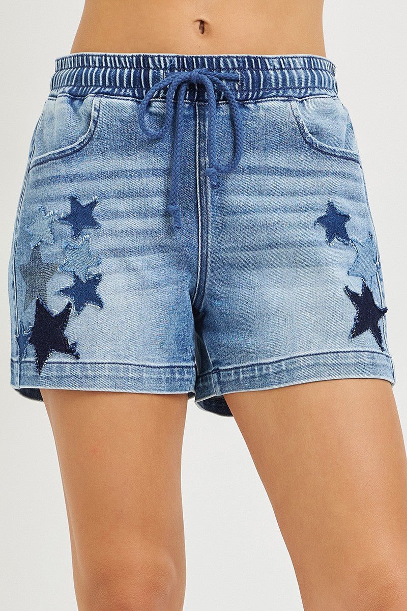 Elastic Band Slouchy Denim Shorts with Star Patched Details by Risen