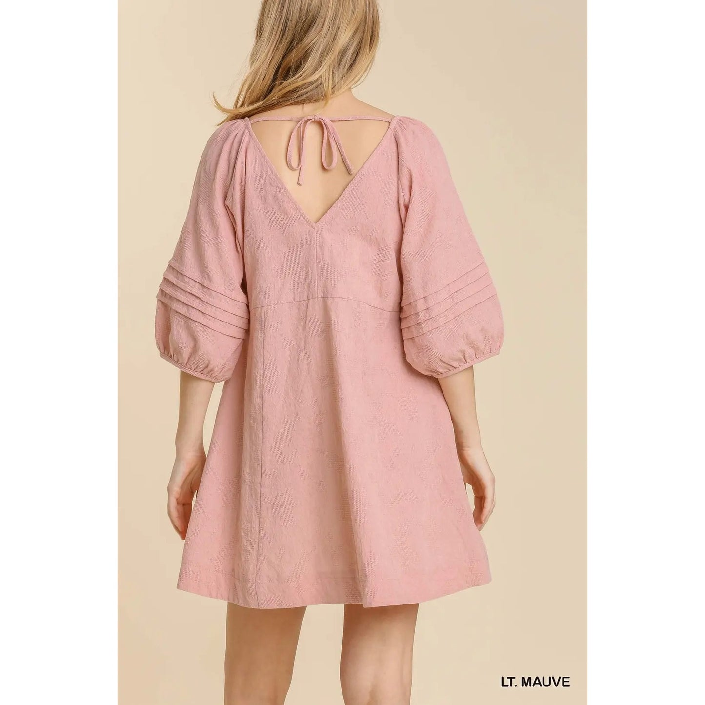 Umgee Light Mauve V-Neck Pleat Detail Puff Sleeve Dress~Back String Tie
