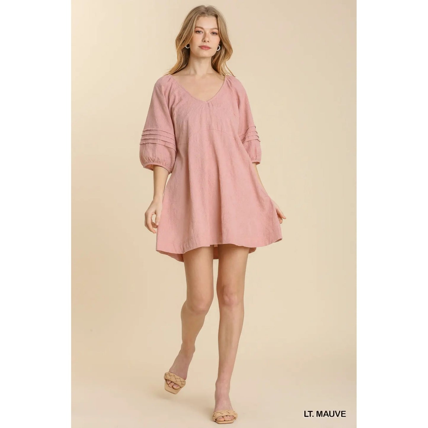 Umgee Light Mauve V-Neck Pleat Detail Puff Sleeve Dress~Back String Tie