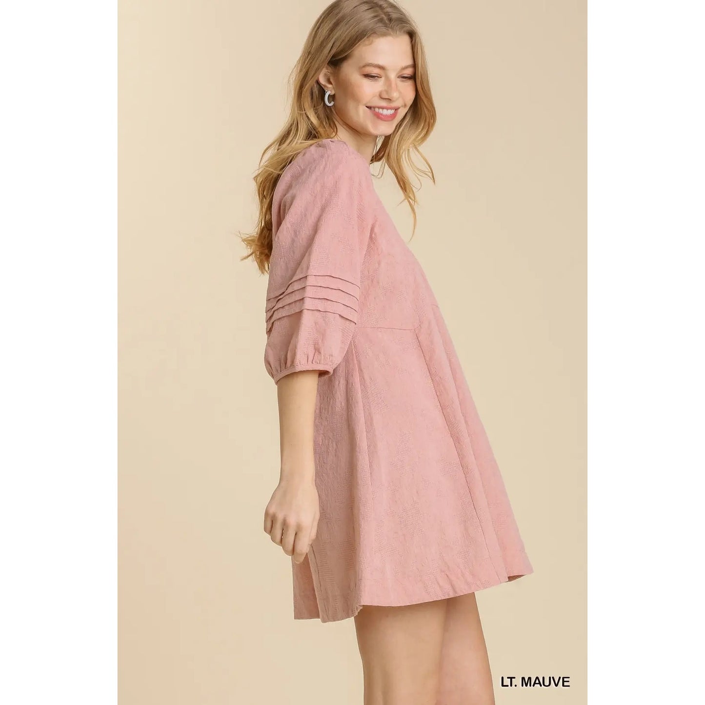 Umgee Light Mauve V-Neck Pleat Detail Puff Sleeve Dress~Back String Tie
