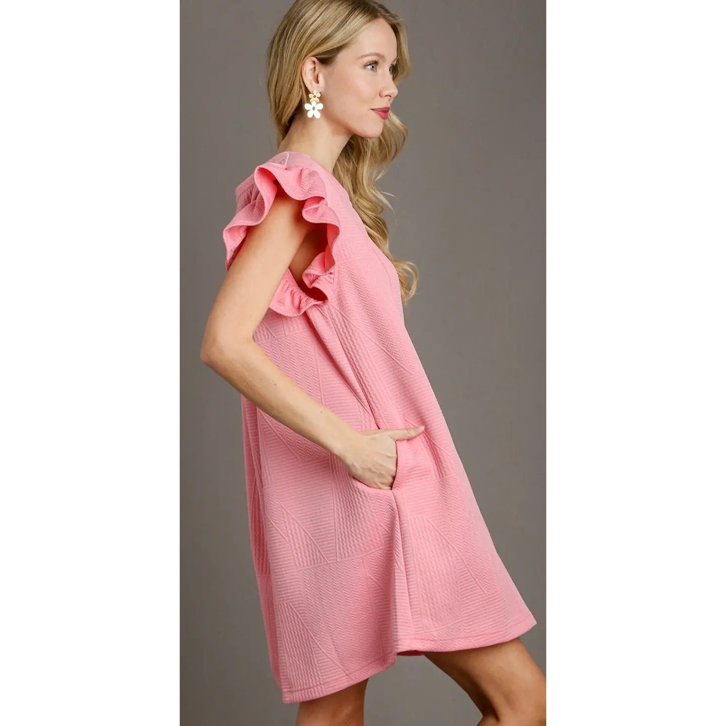 Umgee Criss Cross Jacquard Knit Dress Light Pink~Pockets