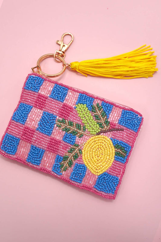 CHECKER FRUIT SEED BEAD COIN TASSEL PURSE 91CP1008: LEMON 1009