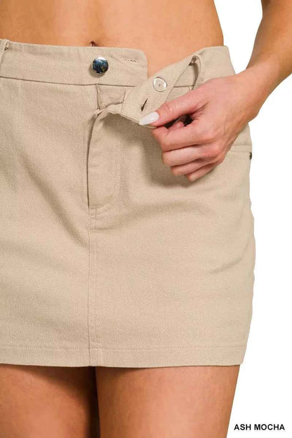 Ash Mocha Cotton Twill Lined Mini Skirt with Pockets by Zenana