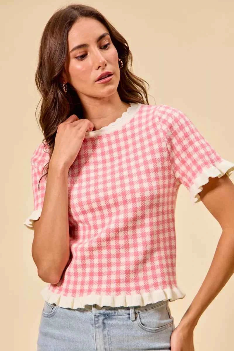 SO ME Gingham Knit Ruffled Short Sleeves Sweater Top
