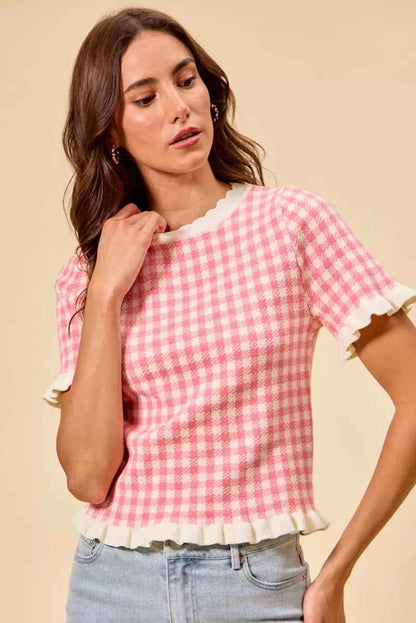 SO ME Gingham Knit Ruffled Short Sleeves Sweater Top