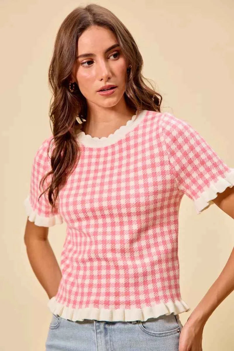 SO ME Gingham Knit Ruffled Short Sleeves Sweater Top
