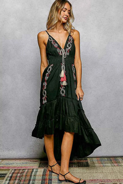 Black Embroidered Detail Tassel Tie Smocked Waist Midi Tiered Cami Dress | POL
