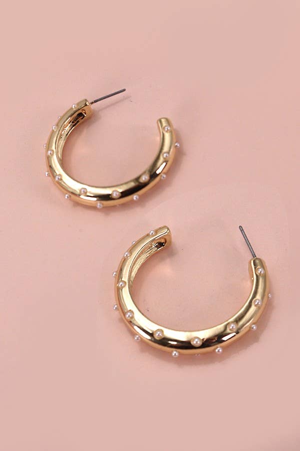 PEARL STUDDED HOOP EARRINGS GOLDTONE