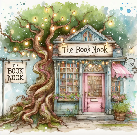 Illustration of a quaint bookstore named 'The Book Nook' with a large tree integrated into the design. DIY paint kit