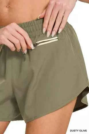 Dusty Olive Soft Woven Lined Shorts With Zip Coin Pocket by Zenana