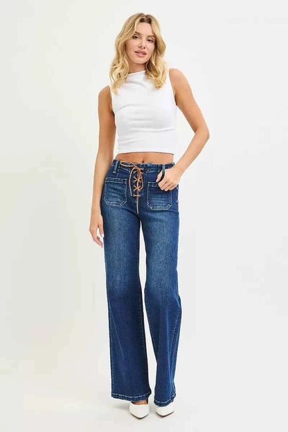 Full Size High Rise Wide Leg Jeans with Front Tie Detail Includes Plus Sizes by Risen