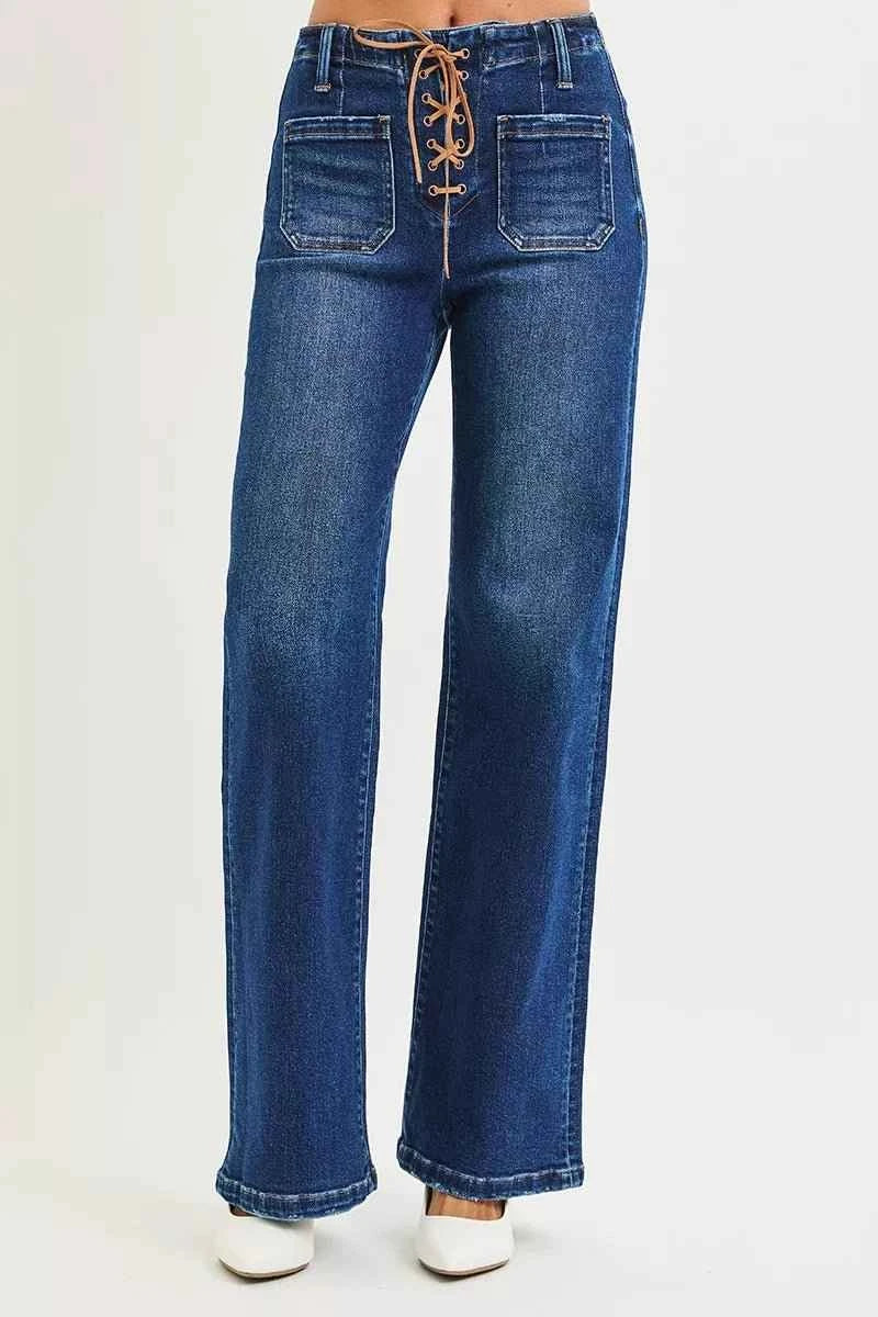 Full Size High Rise Wide Leg Jeans with Front Tie Detail Includes Plus Sizes by Risen