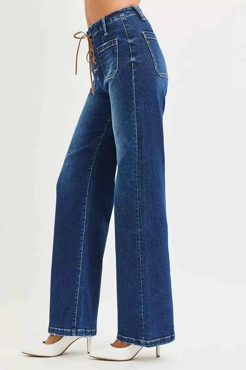 Full Size High Rise Wide Leg Jeans with Front Tie Detail Includes Plus Sizes by Risen