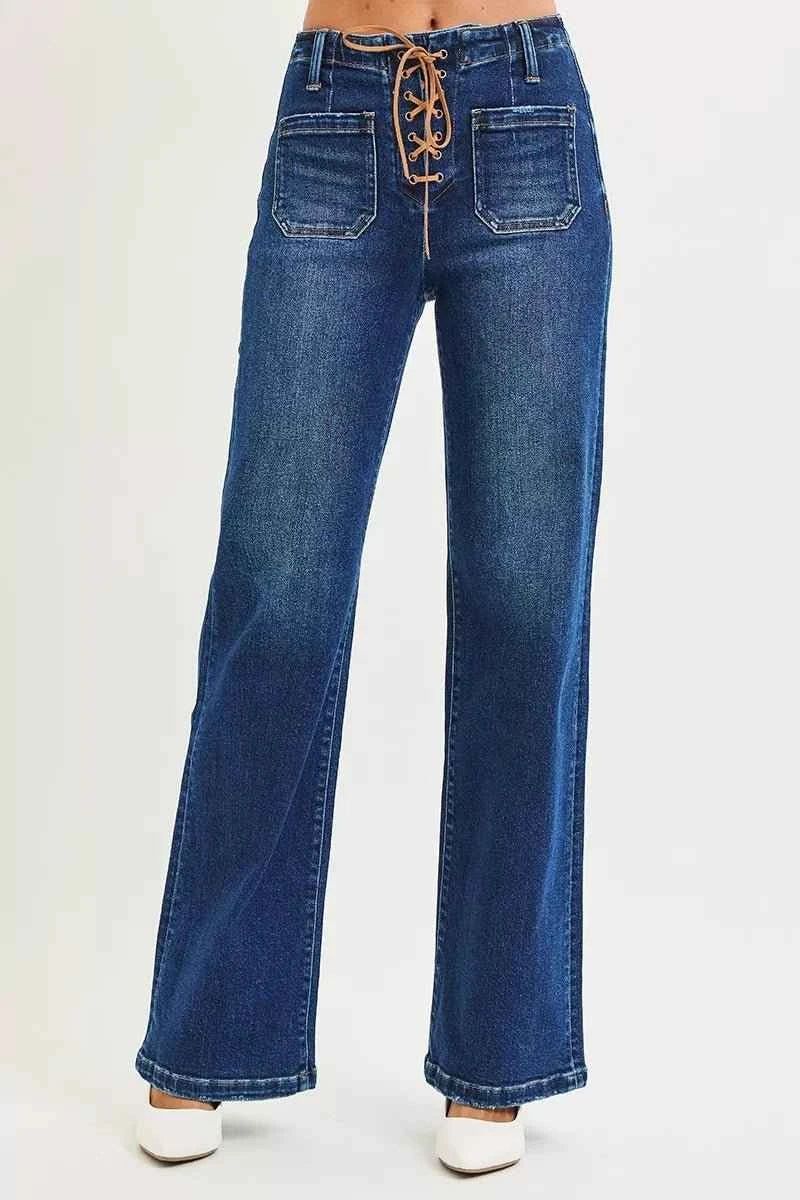 Full Size High Rise Wide Leg Jeans with Front Tie Detail Includes Plus Sizes by Risen