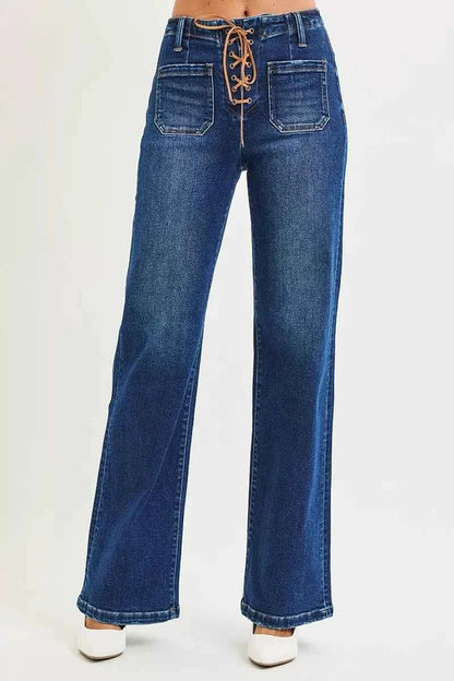 Full Size High Rise Wide Leg Jeans with Front Tie Detail Includes Plus Sizes by Risen