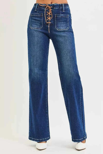 Full Size High Rise Wide Leg Jeans with Front Tie Detail Includes Plus Sizes by Risen