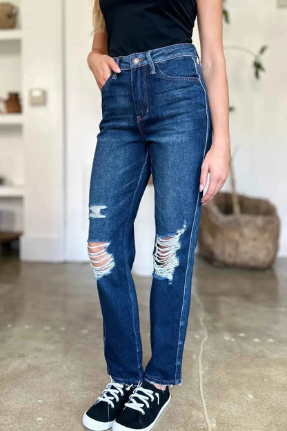 Full Size High Waist Rigid Magic Heavy Destroy Straight Jeans