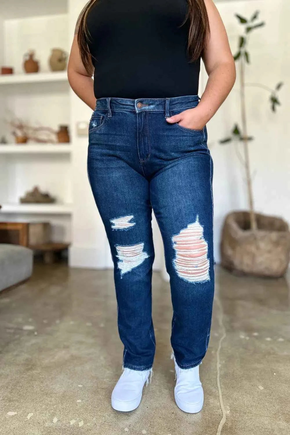 Full Size High Waist Rigid Magic Heavy Destroy Straight Jeans