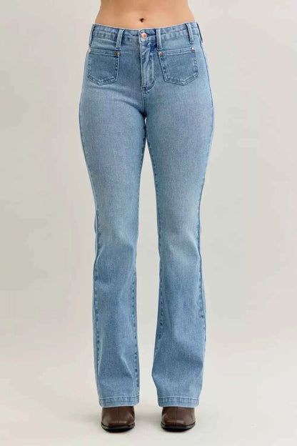 Mid Rise Bootcut Jeans W/ Contrast Wash & Front Patch Pockets by Judy Blue
