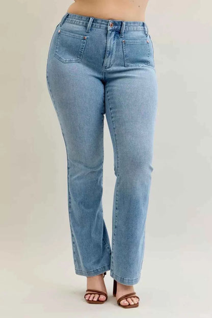 Mid Rise Bootcut Jeans W/ Contrast Wash & Front Patch Pockets by Judy Blue