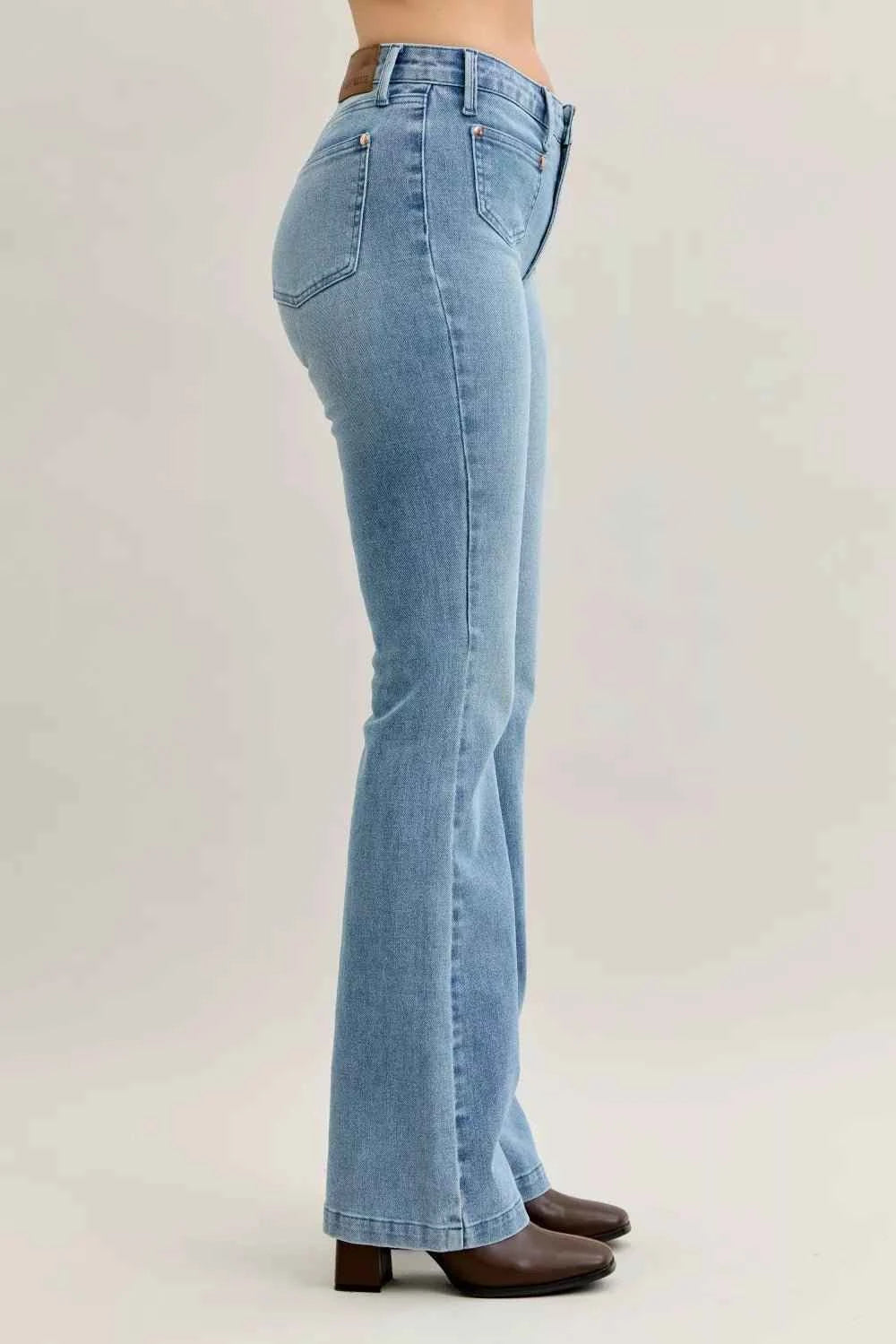 Mid Rise Bootcut Jeans W/ Contrast Wash & Front Patch Pockets by Judy Blue