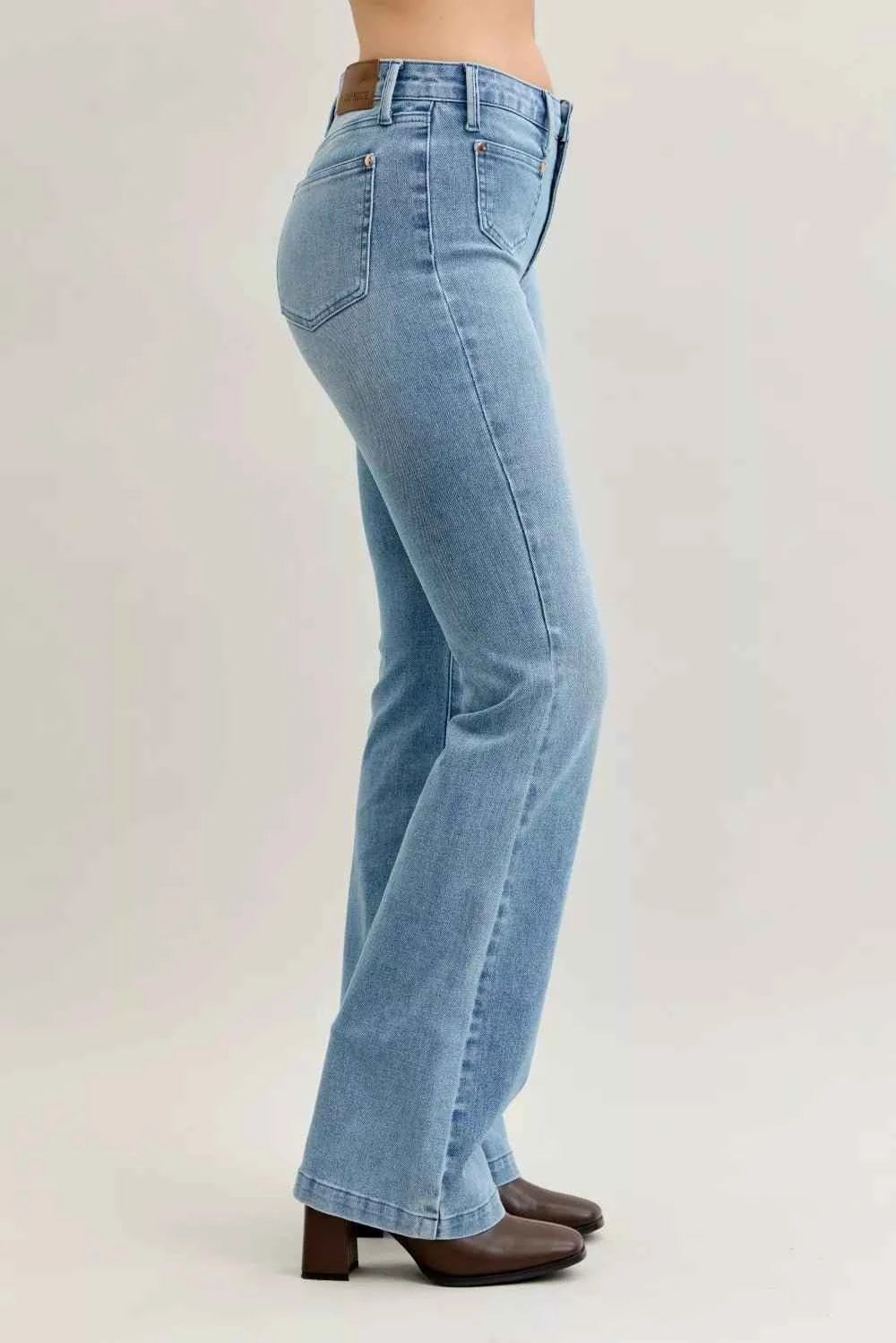 Mid Rise Bootcut Jeans W/ Contrast Wash & Front Patch Pockets by Judy Blue