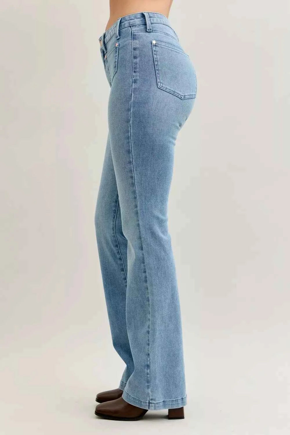 Mid Rise Bootcut Jeans W/ Contrast Wash & Front Patch Pockets by Judy Blue