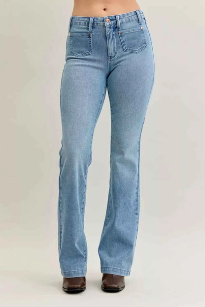 Mid Rise Bootcut Jeans W/ Contrast Wash & Front Patch Pockets by Judy Blue