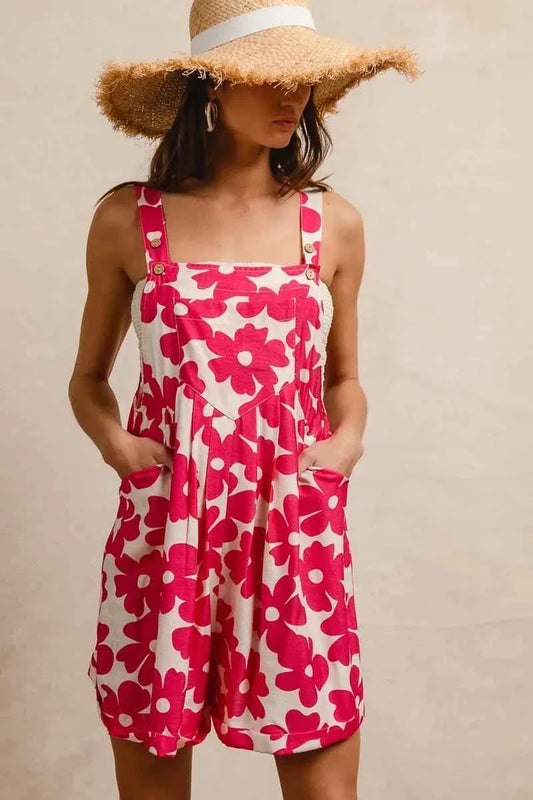 Fushia Floral Prints Tuck Detail Short Overall With Pockets by BiBi
