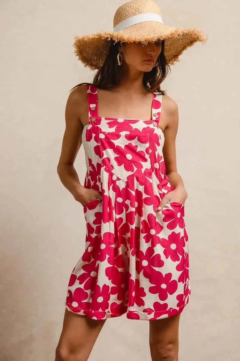 Fushia Floral Prints Tuck Detail Short Overall With Pockets by BiBi