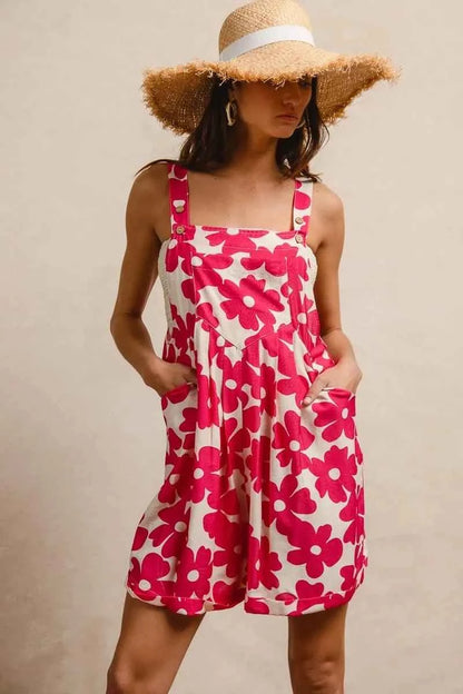 Fushia Floral Prints Tuck Detail Short Overall With Pockets by BiBi