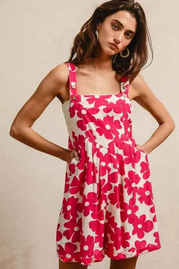 Fushia Floral Prints Tuck Detail Short Overall With Pockets by BiBi