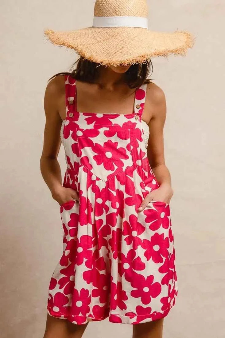 Fushia Floral Prints Tuck Detail Short Overall With Pockets by BiBi