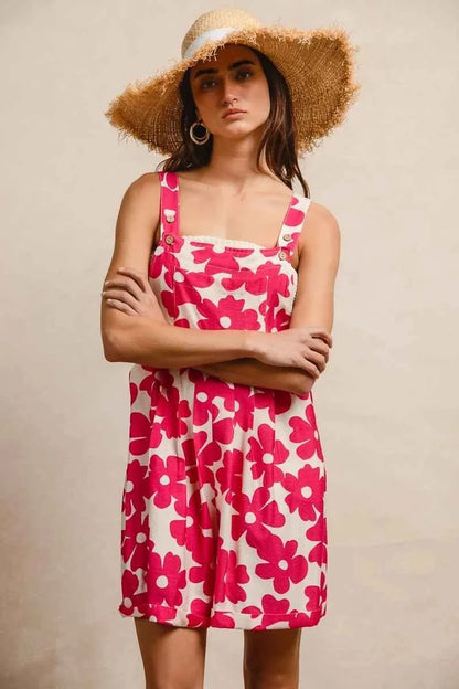 Fushia Floral Prints Tuck Detail Short Overall With Pockets by BiBi